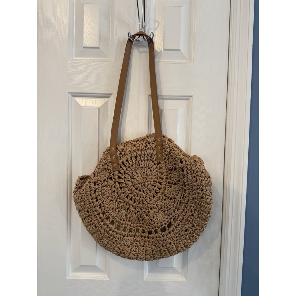 Tan Round Woven Tote Bag Crochet Brown purse Boho Spring Summer coastal